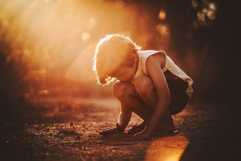 Warm sunlight on a young boy playing with dirt in nature