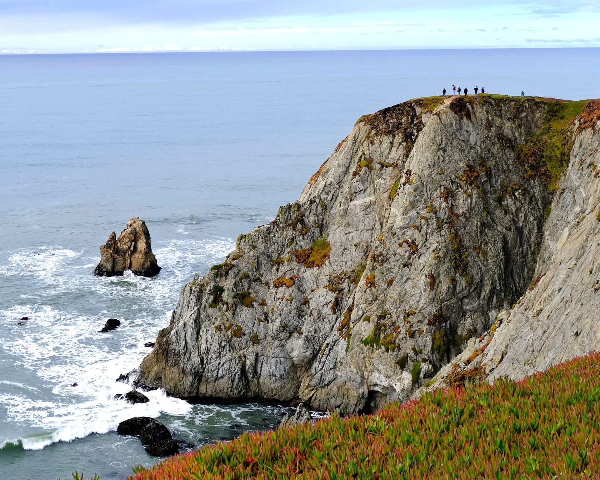 Massive sea cliffs standing above the white Pacific surf on Bodega Head at Sonoma Coast.