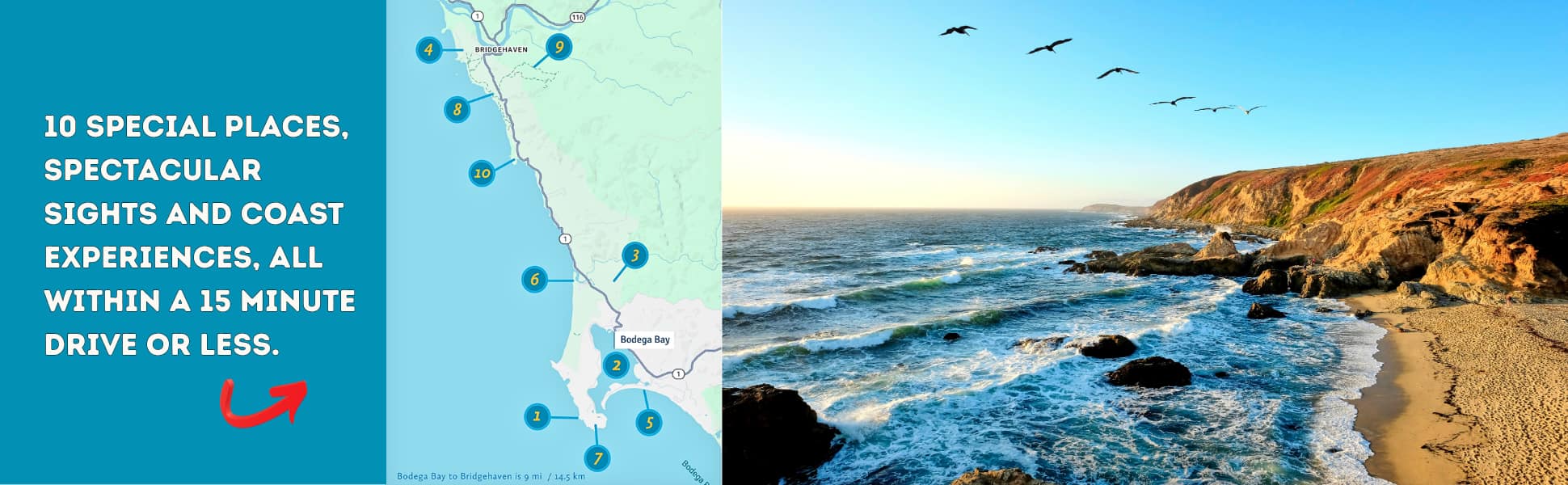 Map of the California coast along Hwy 1, showing best places and things to do near Bodega Bay.