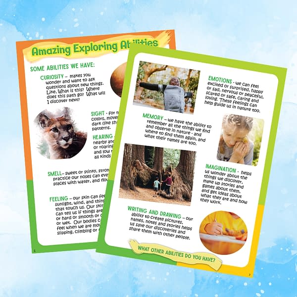 Colorfully illustrated pages on senses from the children's book Young Explorers Nature Journal by naturalist Stephen Nett.